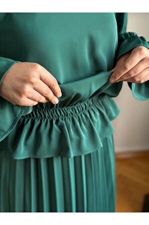 Piliseli Etek + Bluz Takım 5076 zümrüt | FENDEL