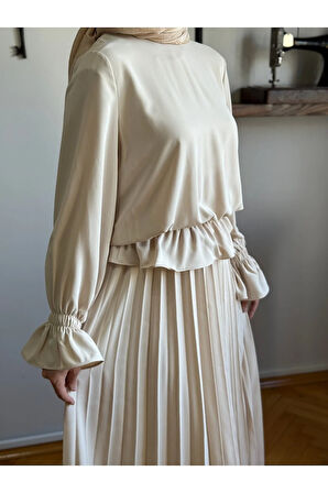 Piliseli Etek + Bluz Takım 5076 açık bej | FENDEL