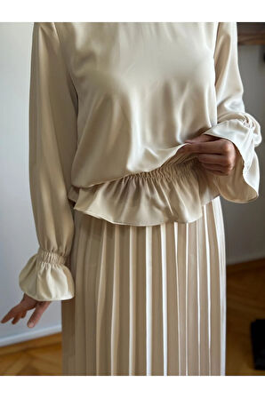 Piliseli Etek + Bluz Takım 5076 açık bej | FENDEL