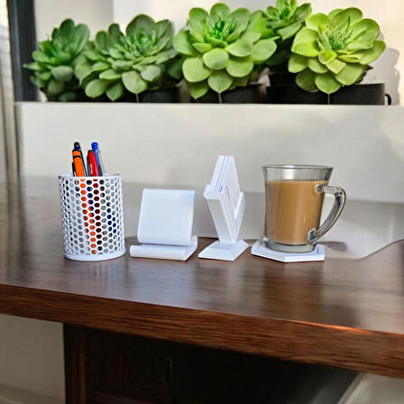 Masa üstü organizer/Kartvizitlik, Telefon standı, Kalemlik, Bardak altı/4 lü Masa üstü set.