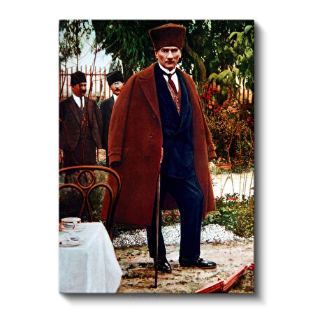 Kahverengi Paltolu Atatürk - Bahçede Bastonlu Kanvas Tablo