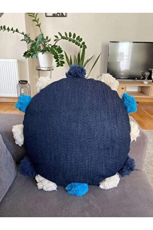 Denim Ponponlu Yuvarlak Kırlent 45 Cm - 1 Adet Kılıf & 1 Adet Yastık