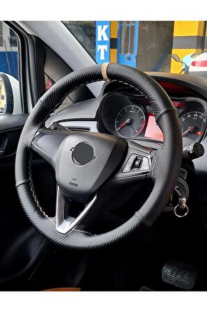 Opel Corsa D Kasa Uyumlu Dikmeli Direksiyon Kılıfı Noktalı-karbon Bej Yüzüklü ( 38cm×10.5cm )