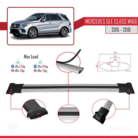 Mercedes GLE Class 3 (W166) 2015-2018 Arası ile Uyumlu FLY Model Ara Atkı Tavan Barı Gri 3 Adet