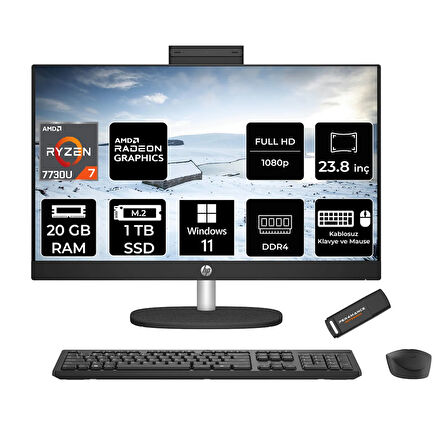 HP 24-CR0013NT R7 7730U 20GB 1TB SSD Radeon Graphics 23.8" FHD IPS W11P All In One PC Siyah & PER4