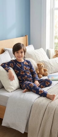 Biçomi Hassas Ciltlere Özel Nefes Alan Pamuk Penye Ayıcık Baskılı Çocuk Pijama Takımı (6-14 Yaş)