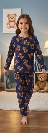 Biçomi Hassas Ciltlere Özel Nefes Alan Pamuk Penye Ayıcık Baskılı Çocuk Pijama Takımı (6-14 Yaş)