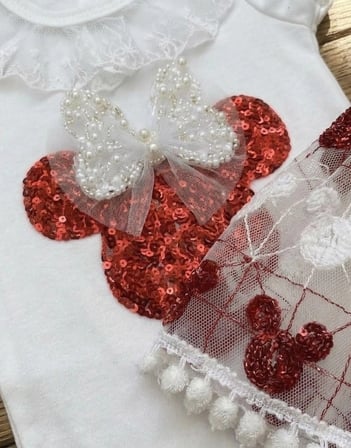 Mickey Payet Nakışlı Brode Etekli Kız Bebek Özel Gün Takımı - Kırmızı