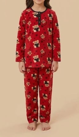 Biçomi Kaşıntı ve Tahriş Önleyici %100 Pamuk Kalpli Ayıcık Çocuk Pijama Takımı