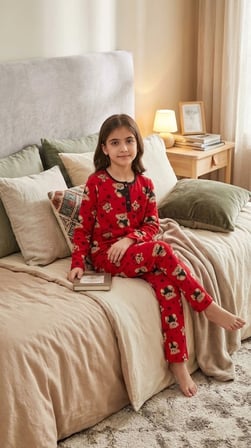 Biçomi Kaşıntı ve Tahriş Önleyici %100 Pamuk Kalpli Ayıcık Çocuk Pijama Takımı