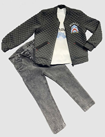 4-5-6 Yaş Kot Pantolonlu Pilot Mont Uzun Kollu Penye Sweat 3lü Erkek Çocuk Takımı Füme
