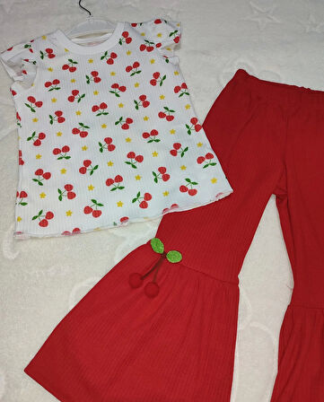 1-2-3-4 Yaş Kiraz Baskılı Tişört İspanyol Paçalı Likralı 2li Kız Çocuk Takımı Kırmızı