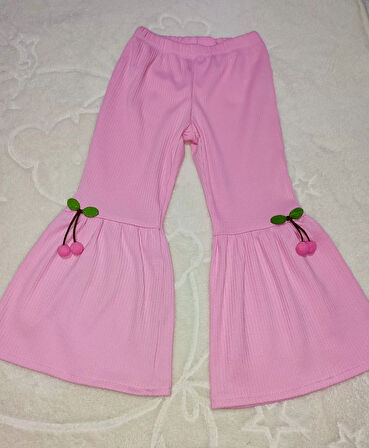 1-2-3-4 Yaş Kiraz Baskılı Tişört İspanyol Paçalı Likralı 2li Kız Çocuk Takımı Pembe