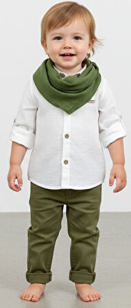 9-12-18-24 Ay Ve 3-4-5 Yaş Fularlı Pamuk Keten Gömlekli Pantolonlu 3lü Erkek Bebek Takımı Yeşil