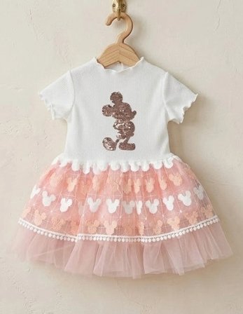 Antialerjik Pamuklu Dokulu, Payetli Mickey Desenli Bebek Şıklığı ve Konfor Elbisesi