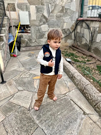 3-4-5 Yaş Fitilli Kadife Pantolon Kapitone Kapşonlu Yelek Uzun Kollu Sweat 3lü Erkek Çocuk Takımı Lacivert