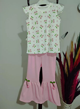 1-2-3-4 Yaş Kiraz Baskılı Tişört İspanyol Paçalı Likralı 2li Kız Çocuk Takımı Pembe