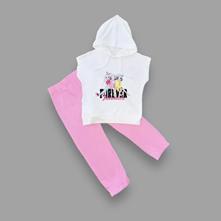 3-4-5 Yaş Forever Cici Kızlar Baskılı Kapşonlu 2li Kız Çocuk Takımı Pembe