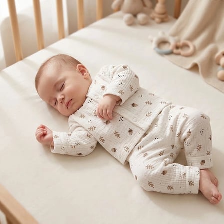 Biçomi Gece Terletmeyen Çıtçıtlı %100 Pamuk Bebek Pijama Takımı – Kolay Giyilen Palamut Desenli Penye Ev & Uyku Seti (3-12 Ay)