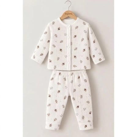 Biçomi Gece Terletmeyen Çıtçıtlı %100 Pamuk Bebek Pijama Takımı – Kolay Giyilen Palamut Desenli Penye Ev & Uyku Seti (3-12 Ay)