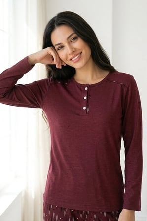 Kadın Pamuklu Uzun Kollu Üç Düğmeli Biyeli Soft Örme Yumuşak Pijama Takımı