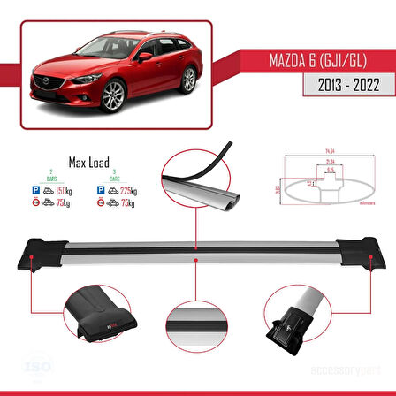 Mazda 6 III (GJ1/GL) 2013-2022 Arası ile Uyumlu FLY Model Ara Atkı Tavan Barı Gri 2 Adet