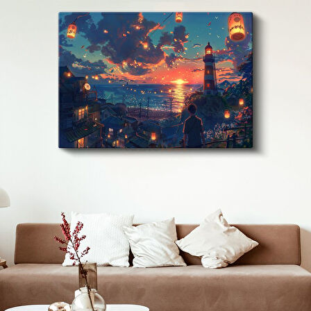 Deniz Feneri - Turuncu Fenerler Anime Kanvas Tablo