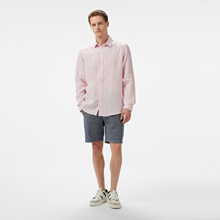 Nautica Erkek Pembe Classic Fit Çizgili Keten Gömlek