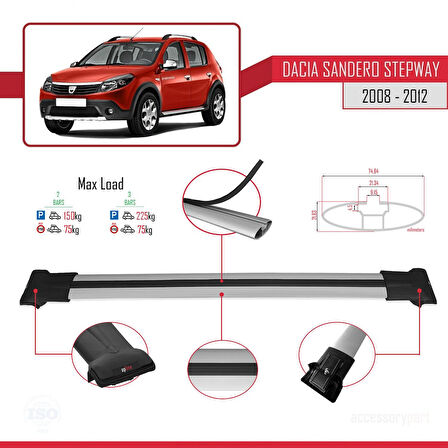 Dacia Sandero Stepway 2008-2012 Arası ile Uyumlu FLY Model Ara Atkı Tavan Barı Gri 2 Adet