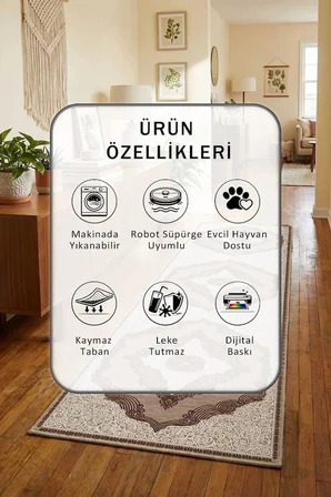 Hanedan Kahve Dijital Baskılı Kaymaz Yıkanabilir Yolluk - Leke Tutmaz