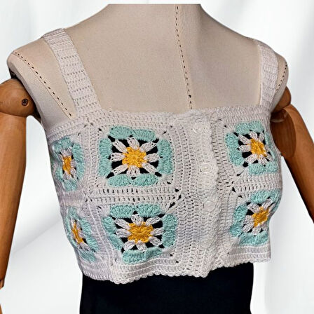 Uretti - Yıldız 7202 4612 El Örgüsü Yazlık Beyaz Kadın Büstiyer / Crop Bluz - 36/38/40 - Turkuaz