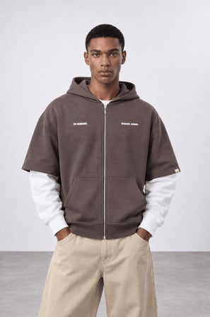 Erkek Not Minimalist Baskılı Double Sleeve Oversize Zip Kahve