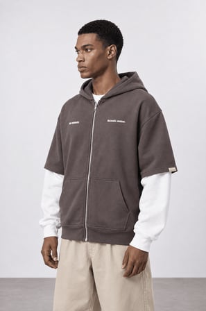Erkek Not Minimalist Baskılı Double Sleeve Oversize Zip Kahve
