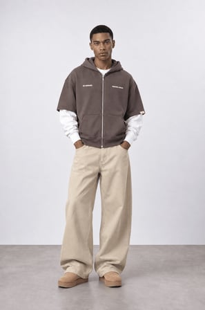 Erkek Not Minimalist Baskılı Double Sleeve Oversize Zip Kahve