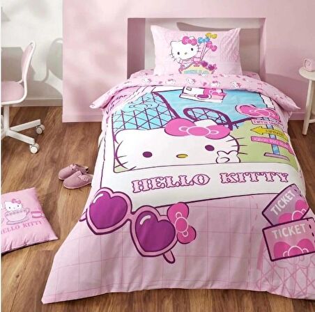 Taç Lisanslı Tek Kişilik Nevresim Takımı Hello Kitty Travel