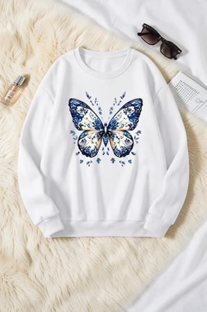 Unisex Desenli Kelebek Baskılı Bisiklet Yaka Sweatshirt