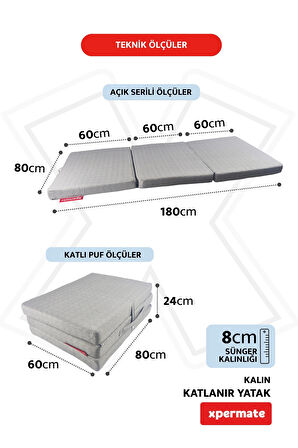 XPERMATE Katlanır Sünger Yatak, Yer Yatağı, Katlanır Yer Minderi, Misafir Yatağı 80x180x8 Gri 