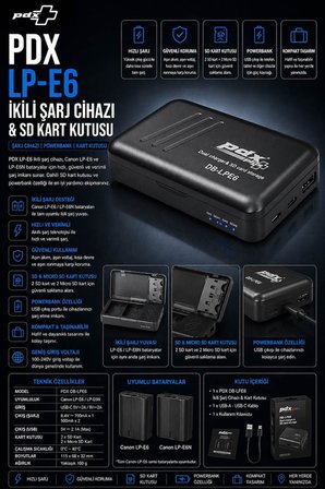 PDX Canon LP-E6 İkili Şarj Cihazı ve SD Kart Kutusu | Powerbank