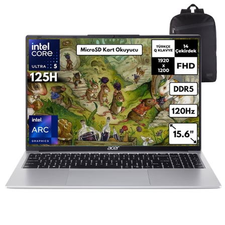 Acer Aspire Lite AL16-71P Ultra 5-125H 16-GBDDR5 512 GB Intel Arc Graphics 15.6'' FHD Windows 11 Pro + HMF Sırt Çantası NX.DCLEY.001HMF43