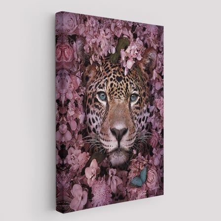Pembe Çiçekler Arasında Vahşi Leopar Dekoratif Duvar Tablosu-6195