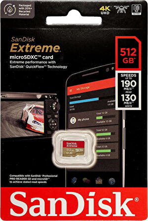 SanDisk Extreme 512GB 190/130MB/s microSDXC A2 V30 Aksiyon Kamera Drone Hafıza Kartı SDSQXAV-512G-GN6MN