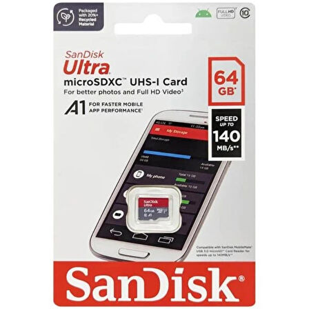 SanDisk Ultra 64GB 140MB/s microSDXC UHS-I Hafıza Kartı SDSQUAB-064G-GN6MN