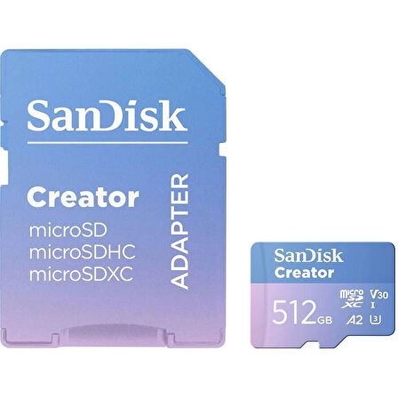 SanDisk Creator 512GB 190/130MB/s microSDXC UHS-I A2 V30 Adaptörlü Hafıza Kartı SDSQXAV-512G-IN6MS