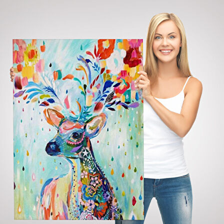 Renkli Çiçek Detaylı Geyik Dekoratif Duvar Tablosu-6196