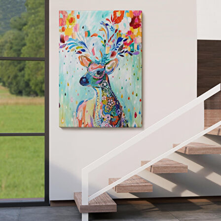 Renkli Çiçek Detaylı Geyik Dekoratif Duvar Tablosu-6196