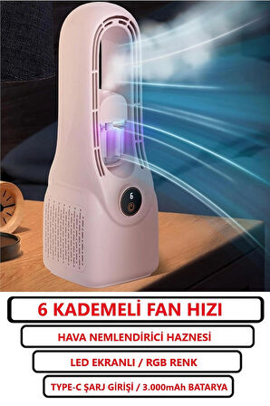 6 Kademeli Güçlğ Fan Hızı / Ultrasonik Nemlendirici Renkli ışıklı Hazne / 3.000mAh batarya/Vantilatör/Masa üstü Fan