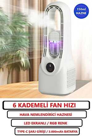 6 Kademeli Güçlğ Fan Hızı / Ultrasonik Nemlendirici Renkli ışıklı Hazne / 3.000mAh batarya/Vantilatör/Masa üstü Fan
