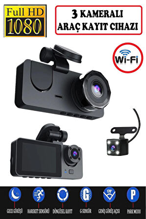 3 Kameralı /1080p Ultra Kaliteli/ Wifi Özellikli/G-Sensör/Gece Görüş/Araç İçi Araç Kamerası