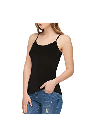 E Kadın Siyah Elastan Likralı Pamuklu Ip Askılı Atlet