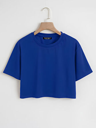 Kadın Oversize Bisiklet Yaka Düz Crop T-shirt - SAKS MAVİSİ